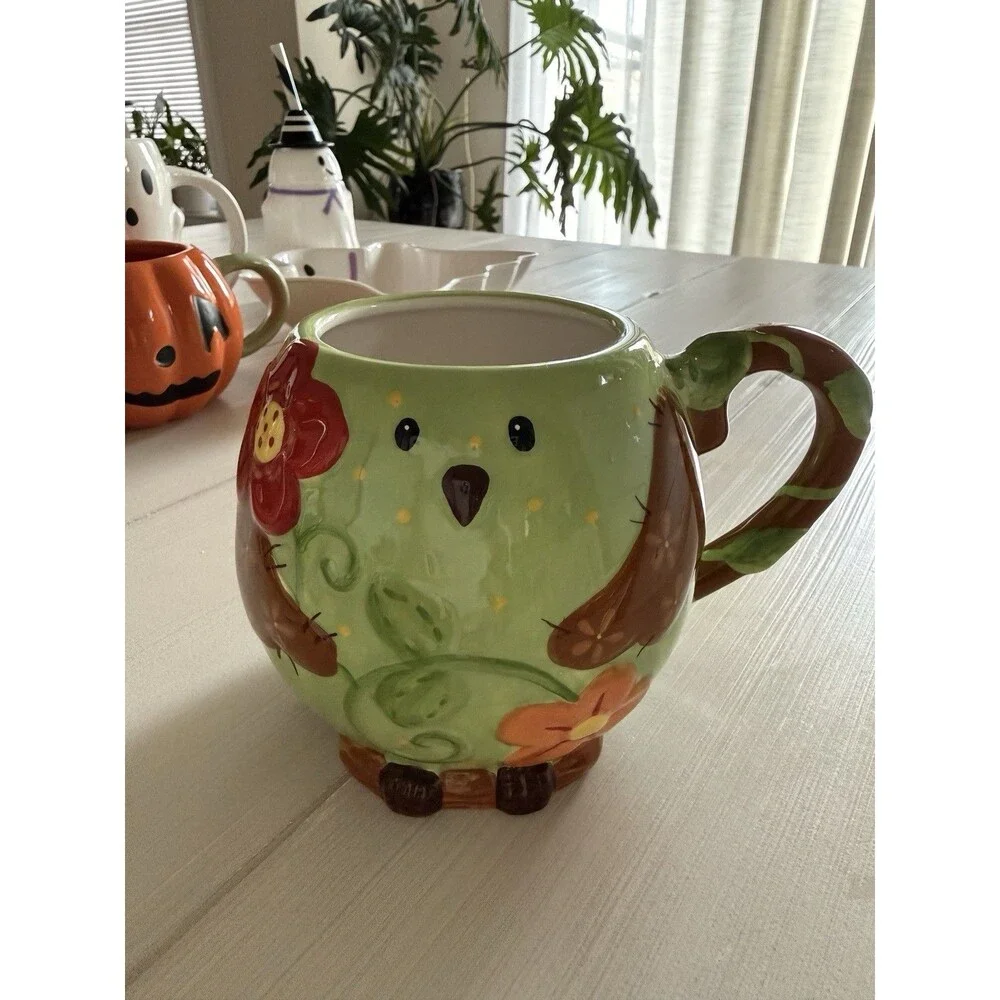 Pier 1 Green Owl Bird With Flowers - Fun Coffee Tea Mug Cup